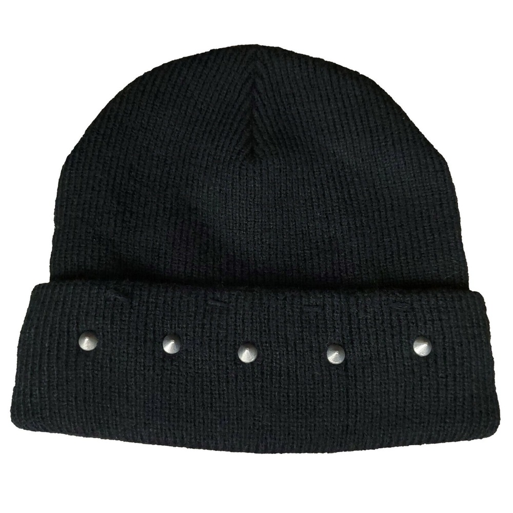 Spiked Metal Cuff Knit Beanie Black Hat Cap Attached Small Metallic Spikes New